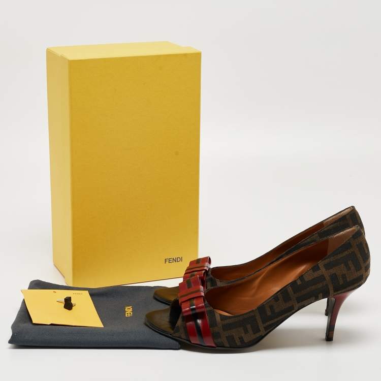 Pre Owned Fendi Brown/Burgundy Tobacco Zucca Canvas and Leather Bow Pumps Size 41