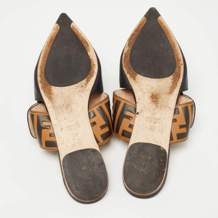 Pre Owned Fendi Black/Brown Leather FF Logo Buckle Flat Mules Size 36