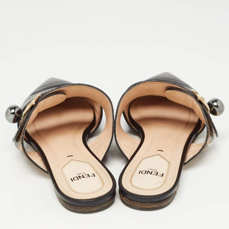 Pre Owned Fendi Black/Brown Leather FF Logo Buckle Flat Mules Size 36