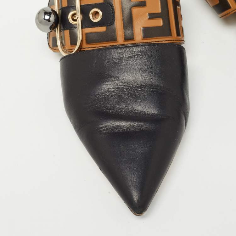 Pre Owned Fendi Black/Brown Leather FF Logo Buckle Flat Mules Size 36