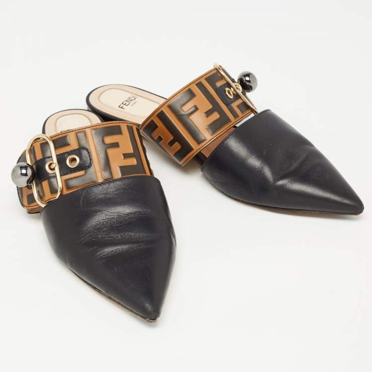 Pre Owned Fendi Black/Brown Leather FF Logo Buckle Flat Mules Size 36
