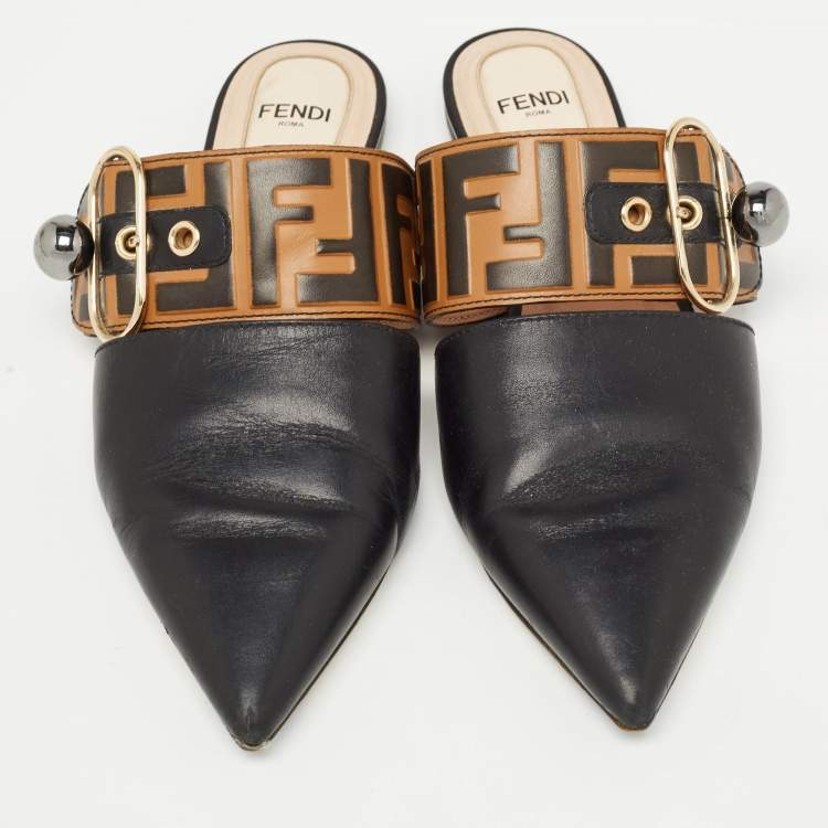 Pre Owned Fendi Black/Brown Leather FF Logo Buckle Flat Mules Size 36