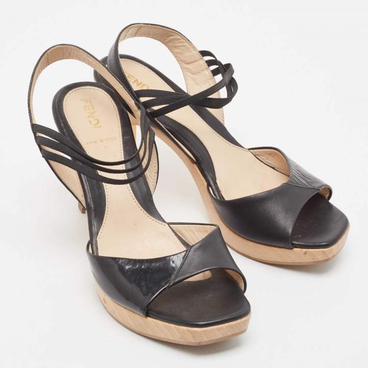 Pre Owned Fendi Black Patent Leather Open Toe Slingback Sandals Size 36