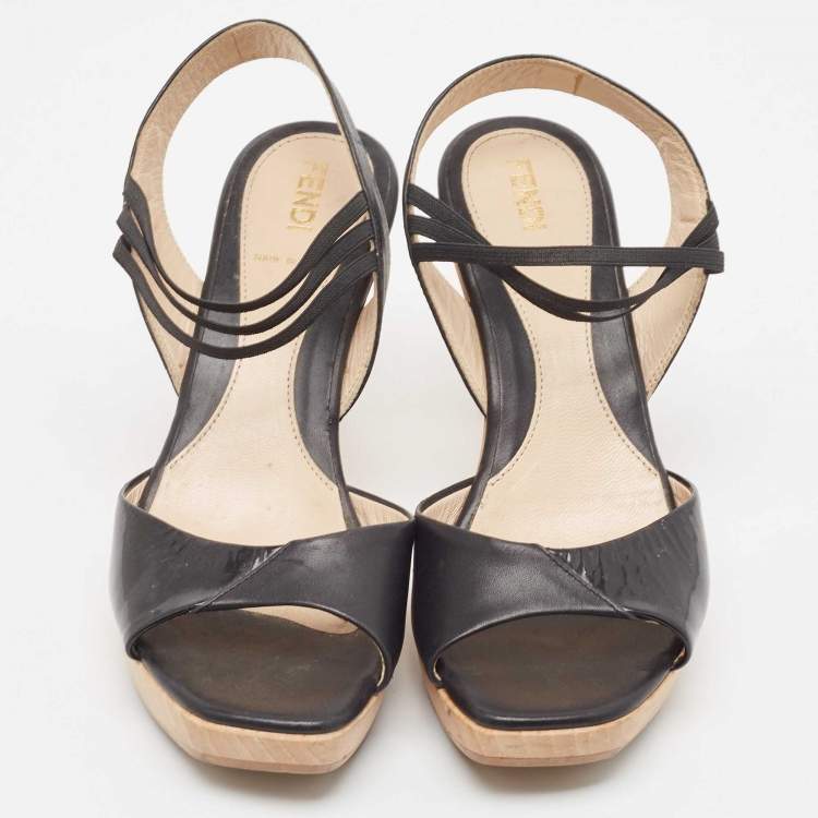 Pre Owned Fendi Black Patent Leather Open Toe Slingback Sandals Size 36