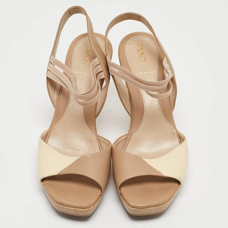 Pre Owned Fendi Beige/Cream Leather and Patent Wooden Platform Ankle Strap Sandals Size 36