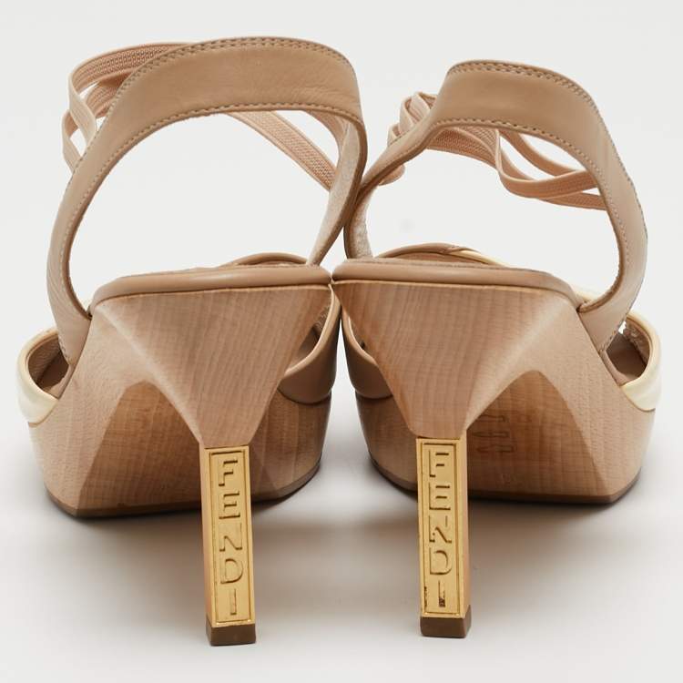 Pre Owned Fendi Beige/Cream Leather and Patent Wooden Platform Ankle Strap Sandals Size 36