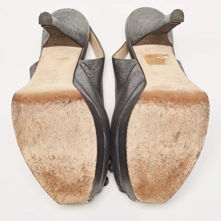 Pre Owned Fendi Grey Fabric Fendista Bow Peep Toe Slingback Platform Pumps Size 40