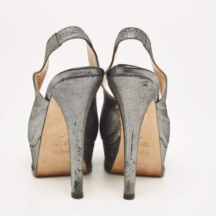 Pre Owned Fendi Grey Fabric Fendista Bow Peep Toe Slingback Platform Pumps Size 40