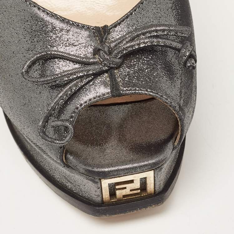 Pre Owned Fendi Grey Fabric Fendista Bow Peep Toe Slingback Platform Pumps Size 40