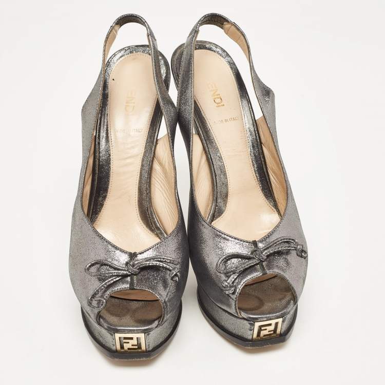 Pre Owned Fendi Grey Fabric Fendista Bow Peep Toe Slingback Platform Pumps Size 40