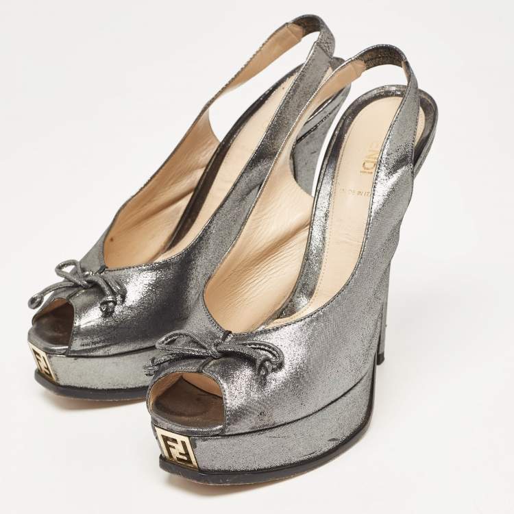 Pre Owned Fendi Grey Fabric Fendista Bow Peep Toe Slingback Platform Pumps Size 40