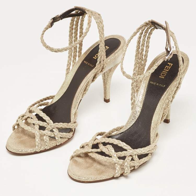Pre Owned Fendi Metallic Braided Textured Suede Ankle Strap Sandals Size 38.5
