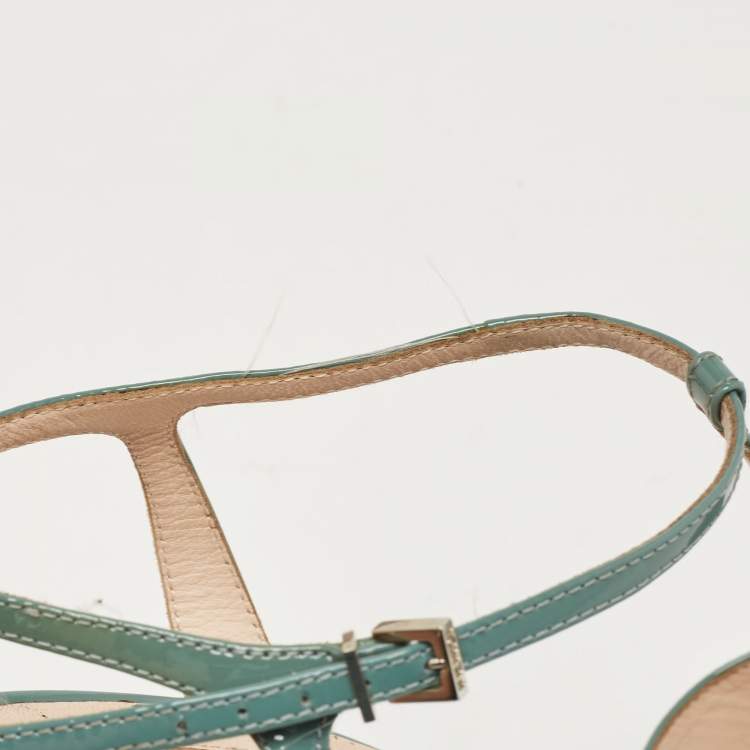 Pre Owned Fendi Grey Patent Leather Printed Wedge Ankle Strap Sandals Size 39