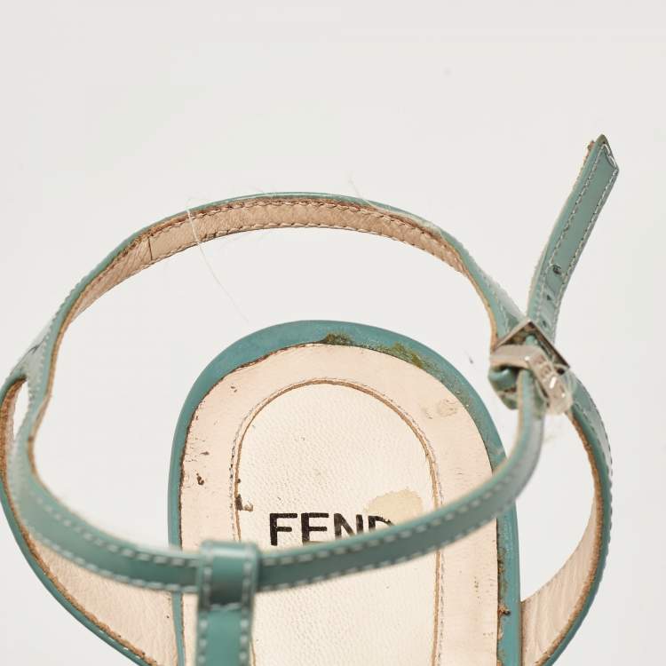 Pre Owned Fendi Grey Patent Leather Printed Wedge Ankle Strap Sandals Size 39