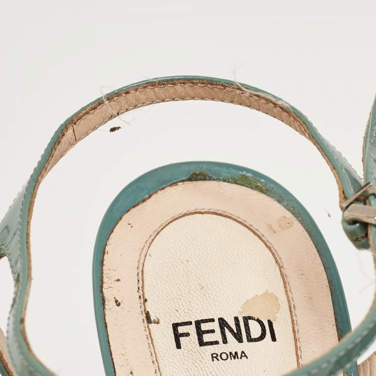 Pre Owned Fendi Grey Patent Leather Printed Wedge Ankle Strap Sandals Size 39