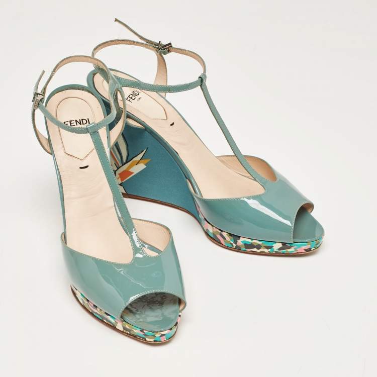 Pre Owned Fendi Grey Patent Leather Printed Wedge Ankle Strap Sandals Size 39