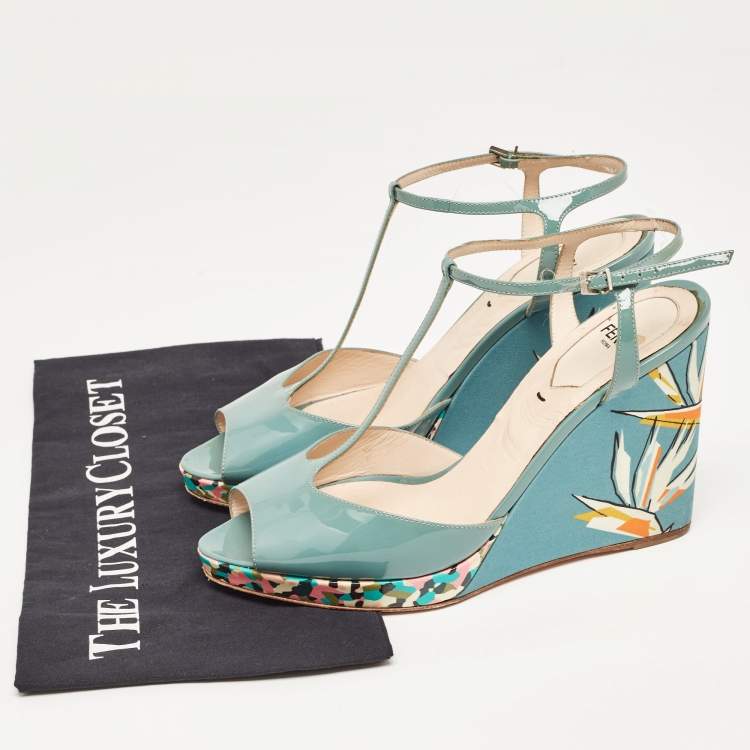 Pre Owned Fendi Grey Patent Leather Printed Wedge Ankle Strap Sandals Size 39