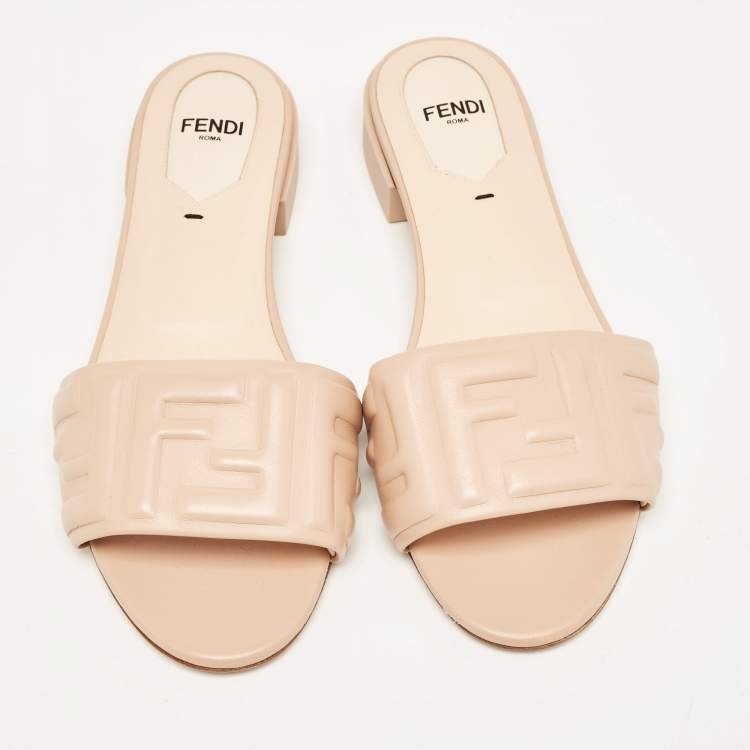 Pre Owned Fendi Pink Leather FF Embossed Slides Size 37