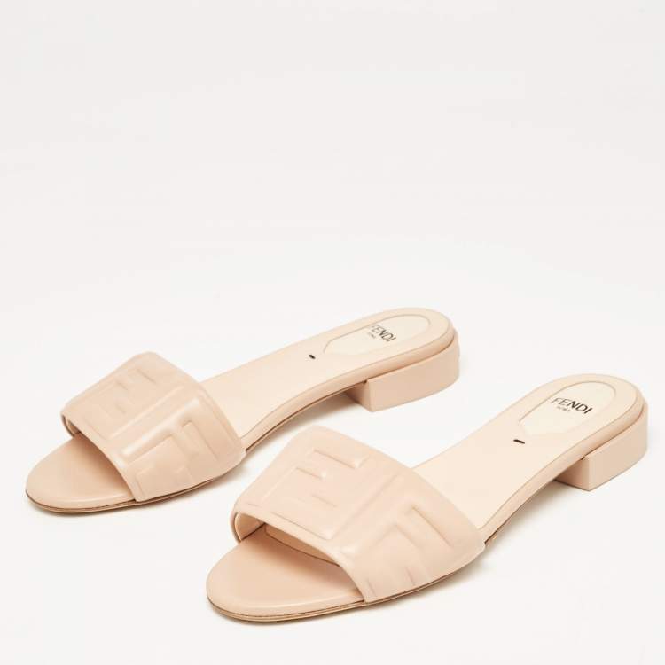 Pre Owned Fendi Pink Leather FF Embossed Slides Size 37