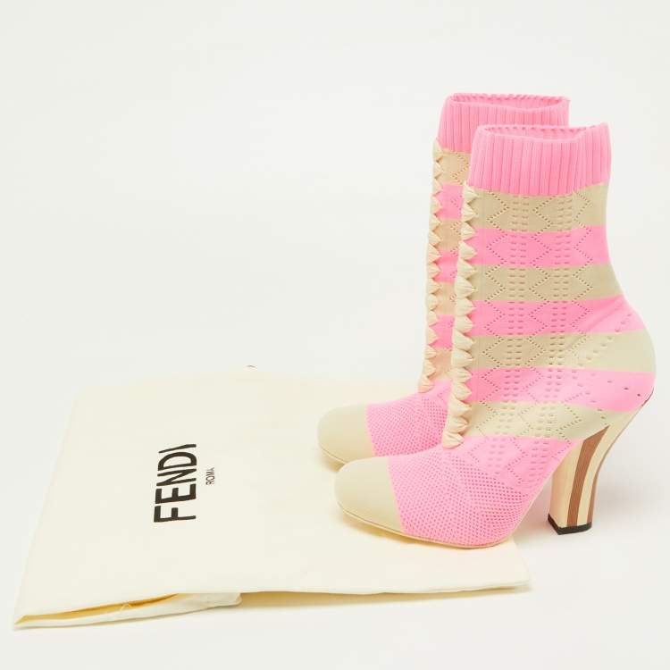 Pre Owned Fendi Pink/Beige Knit Fabric Rockoko Runway Openwork Ankle Boots Size 37