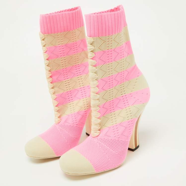 Pre Owned Fendi Pink/Beige Knit Fabric Rockoko Runway Openwork Ankle Boots Size 37