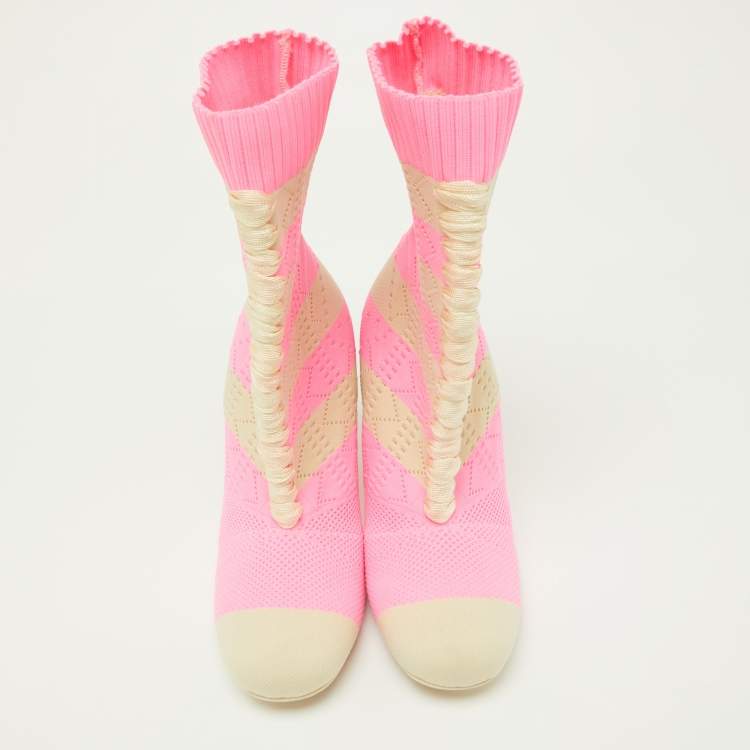Pre Owned Fendi Pink/Beige Knit Fabric Rockoko Runway Openwork Ankle Boots Size 37