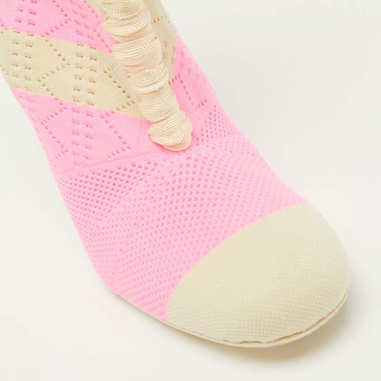 Pre Owned Fendi Pink/Beige Knit Fabric Rockoko Runway Openwork Ankle Boots Size 37