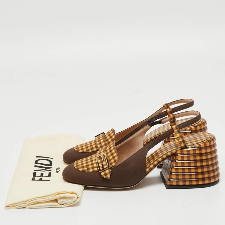 Pre Owned Fendi Yellow/Brown Checkered Fabric Promenade Slingback Loafer Pumps Size 36
