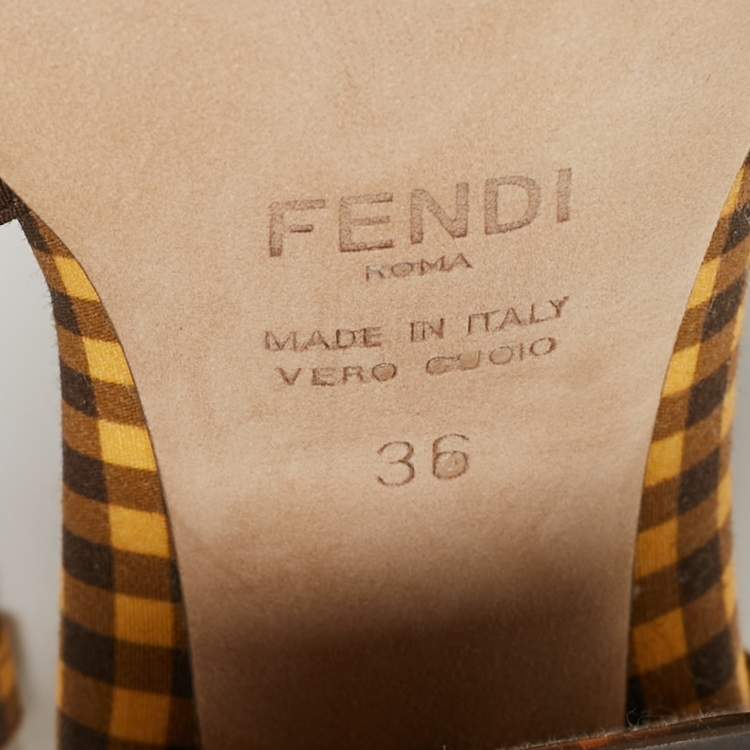 Pre Owned Fendi Yellow/Brown Checkered Fabric Promenade Slingback Loafer Pumps Size 36