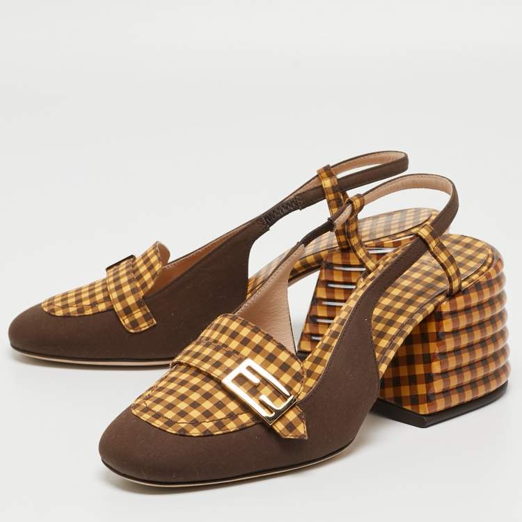 Pre Owned Fendi Yellow/Brown Checkered Fabric Promenade Slingback Loafer Pumps Size 36