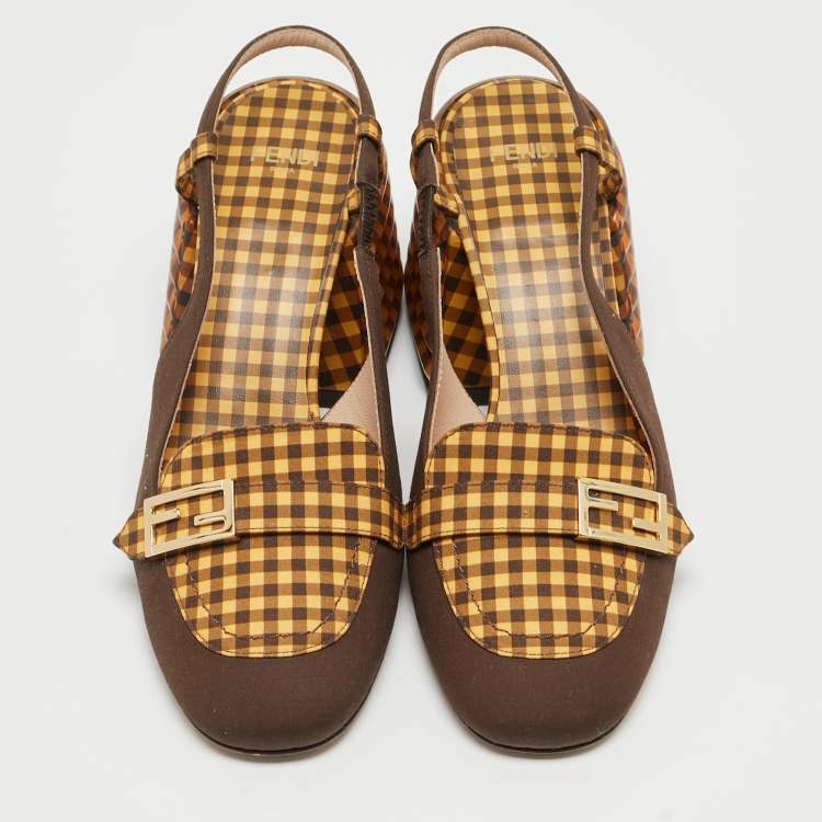 Pre Owned Fendi Yellow/Brown Checkered Fabric Promenade Slingback Loafer Pumps Size 36
