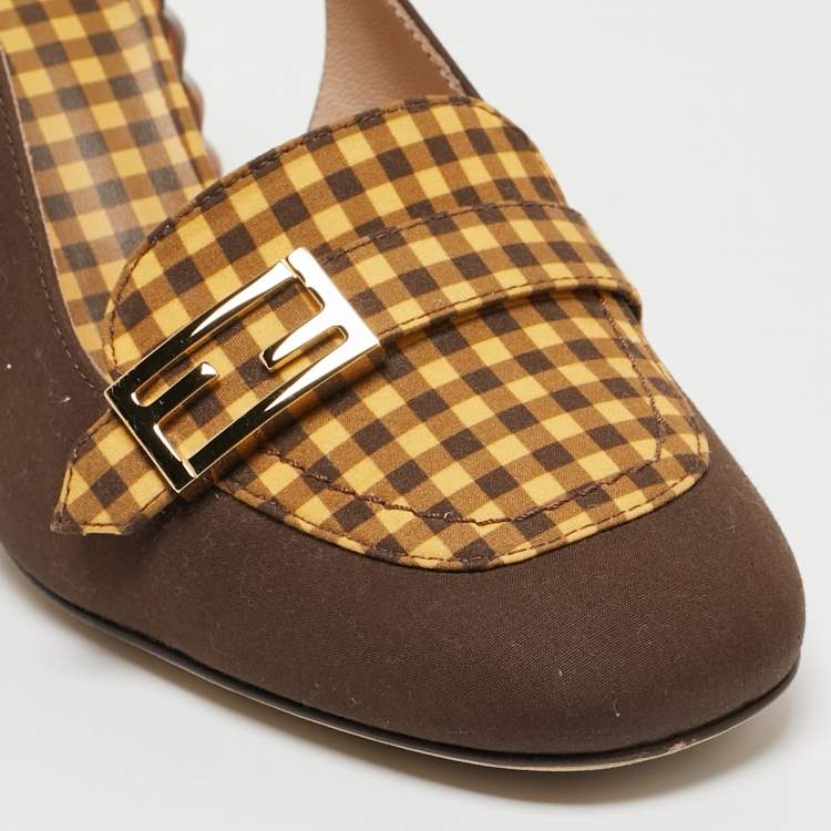Pre Owned Fendi Yellow/Brown Checkered Fabric Promenade Slingback Loafer Pumps Size 36