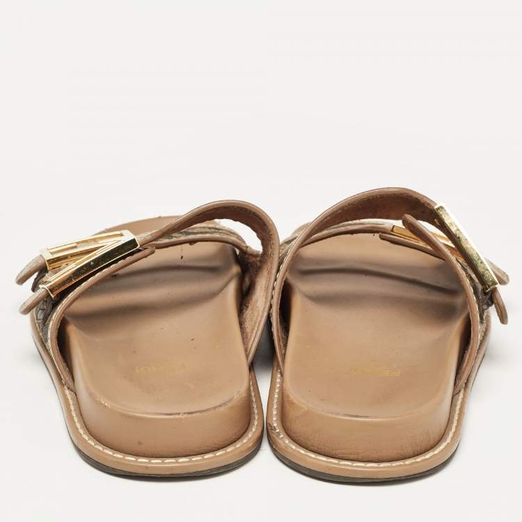 Pre Owned Fendi Brown Zucca Canvas and Leather FF Buckle Slides Size 36