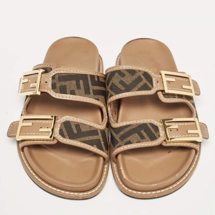 Pre Owned Fendi Brown Zucca Canvas and Leather FF Buckle Slides Size 36