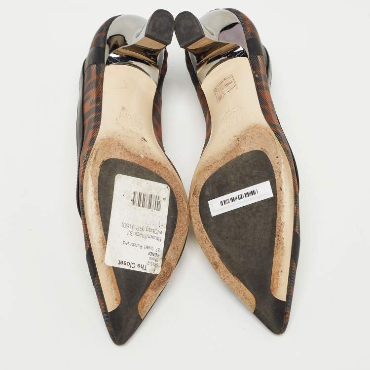 Pre Owned Fendi Brown/Black Zucca Mesh and Leather Colibri Pumps Size 37