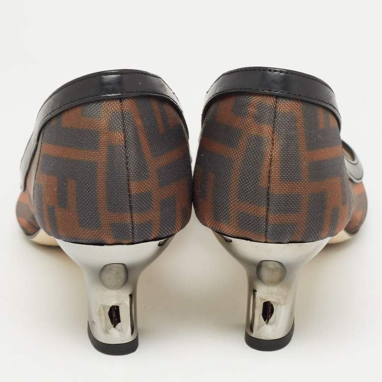 Pre Owned Fendi Brown/Black Zucca Mesh and Leather Colibri Pumps Size 37