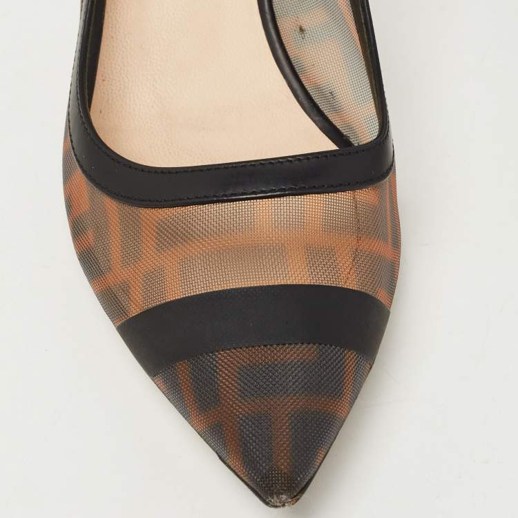 Pre Owned Fendi Brown/Black Zucca Mesh and Leather Colibri Pumps Size 37
