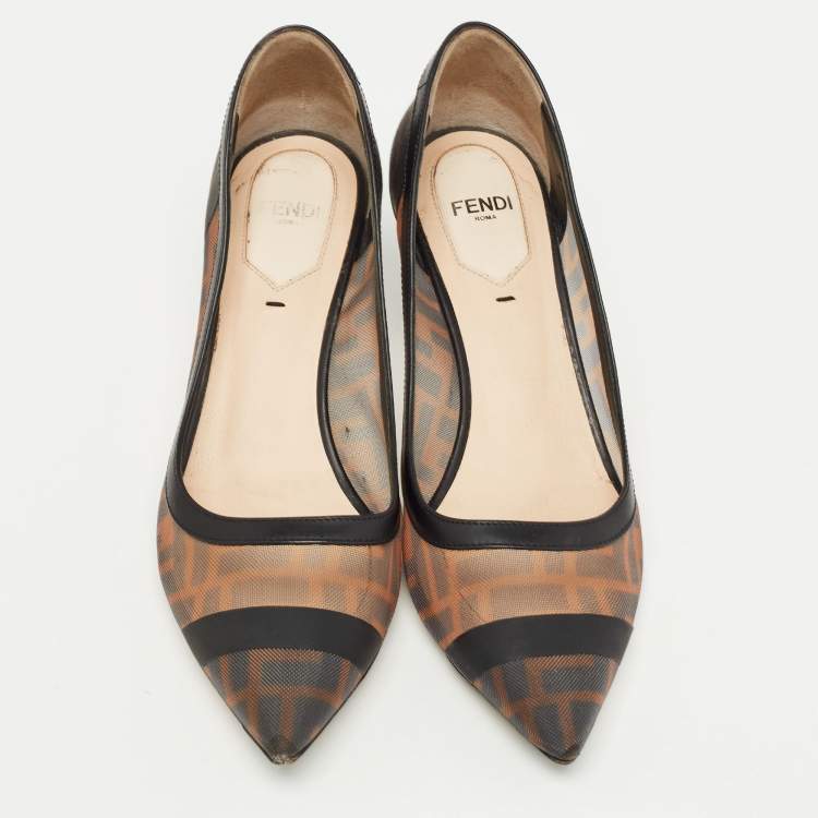 Pre Owned Fendi Brown/Black Zucca Mesh and Leather Colibri Pumps Size 37