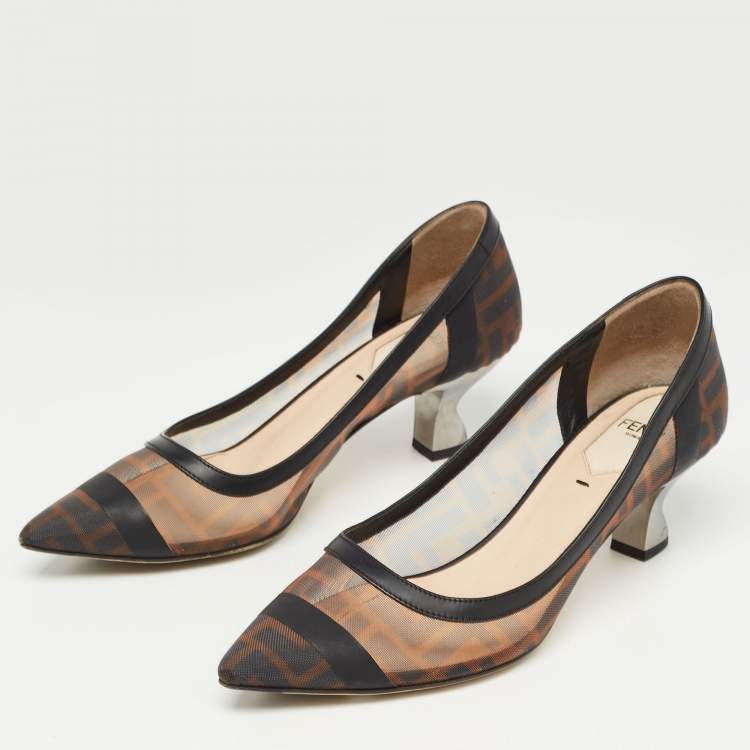 Pre Owned Fendi Brown/Black Zucca Mesh and Leather Colibri Pumps Size 37