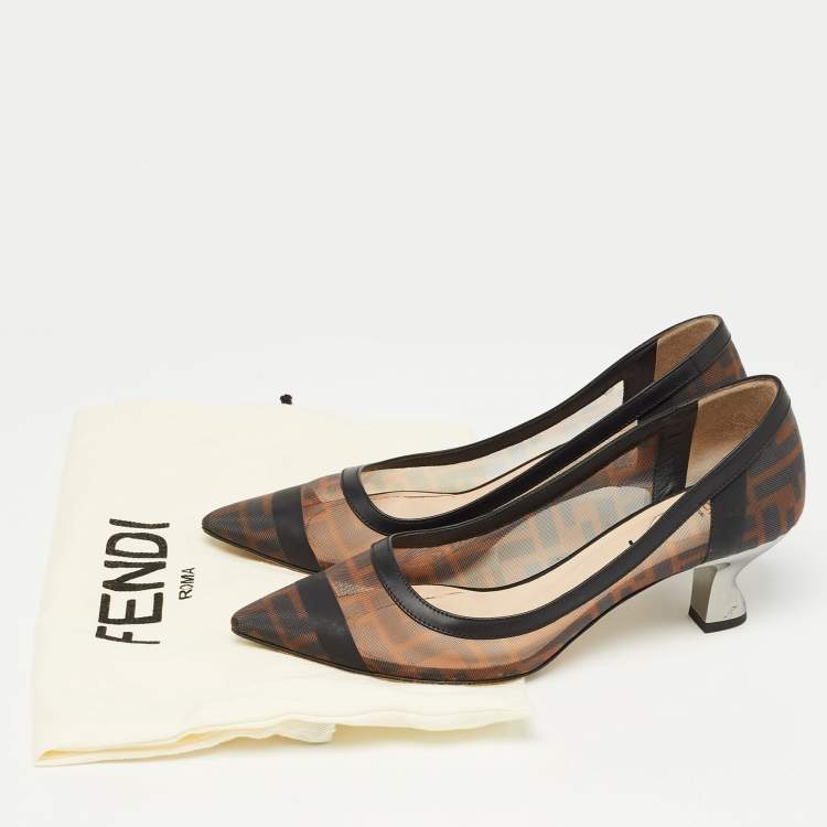 Pre Owned Fendi Brown/Black Zucca Mesh and Leather Colibri Pumps Size 37