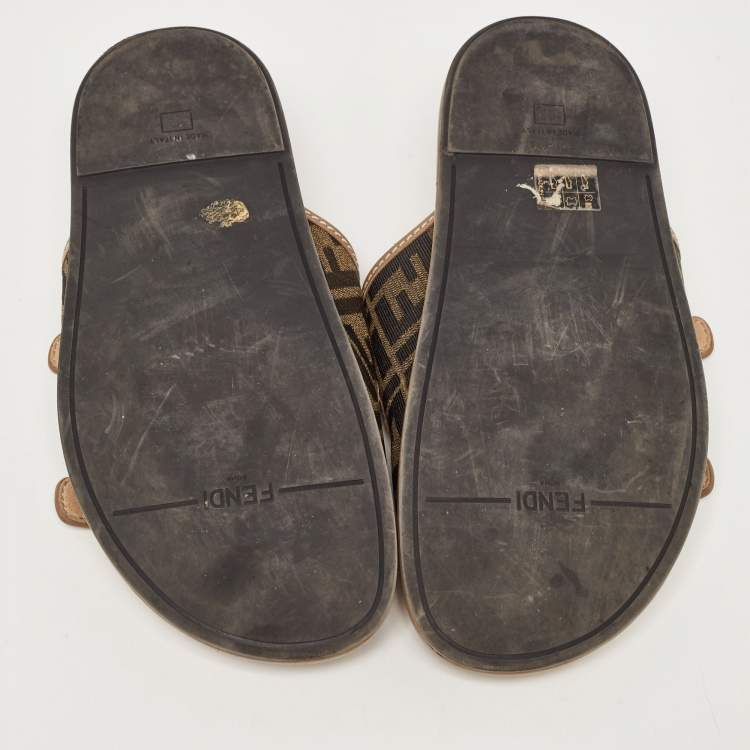 Pre Owned Fendi Brown Zucca Canvas and Leather Strap Flat Slides Size 39