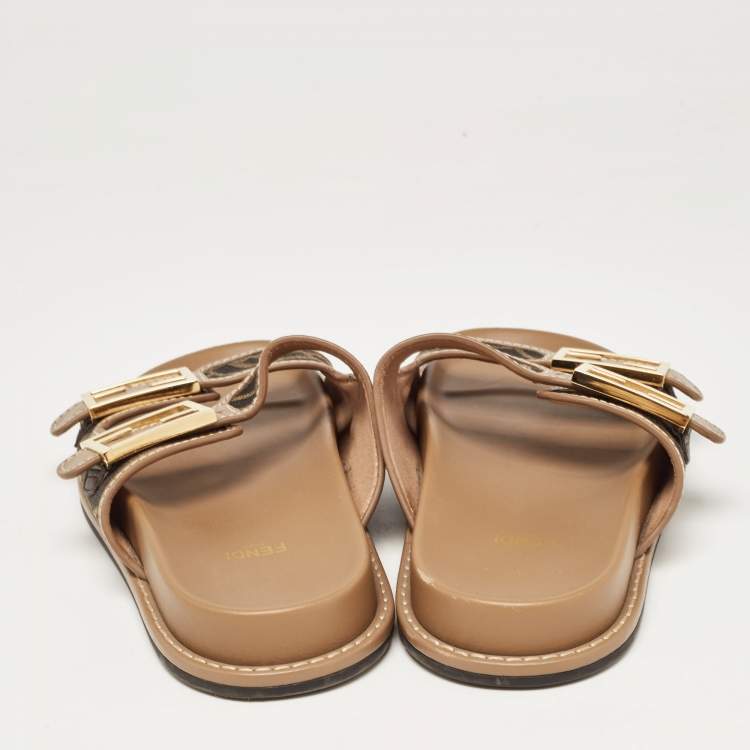 Pre Owned Fendi Brown Zucca Canvas and Leather Strap Flat Slides Size 39