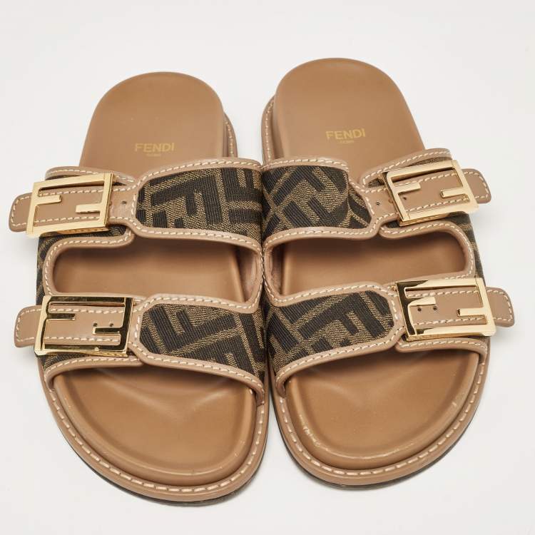 Pre Owned Fendi Brown Zucca Canvas and Leather Strap Flat Slides Size 39