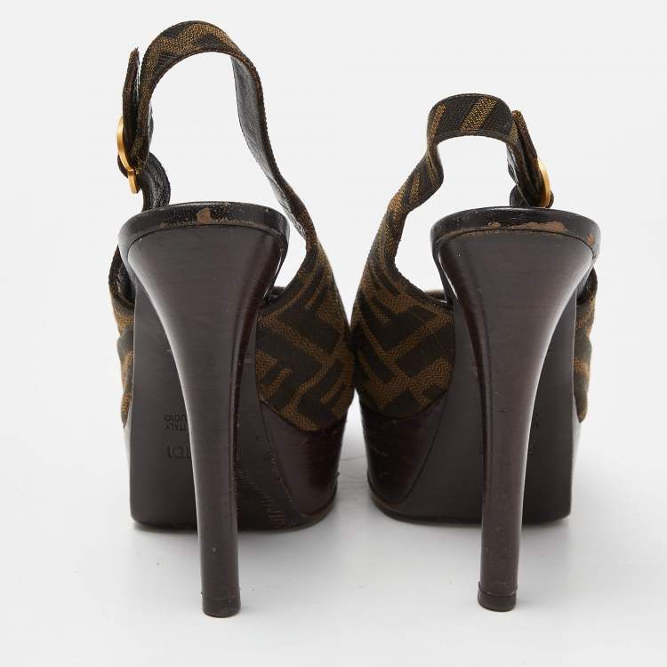 Pre Owned Fendi Brown Zucca Canvas Fendista Peep Toe Slingback Pumps Size 36