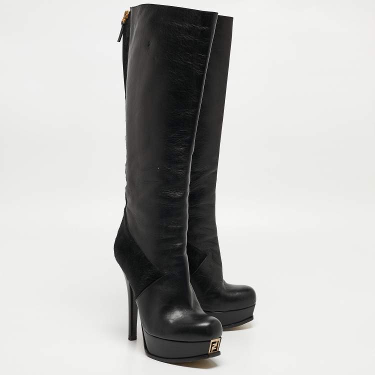 Pre Owned Fendi Black Calf and Leather Knee Length Boots Size 40