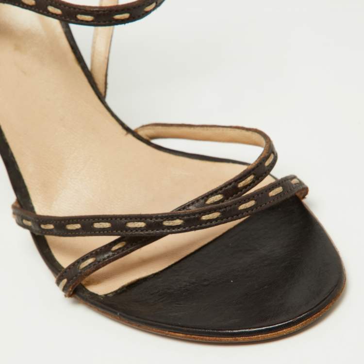 Pre Owned Fendi Dark Brown/Cream Stitch Leather Strappy Sandals Size 37.5