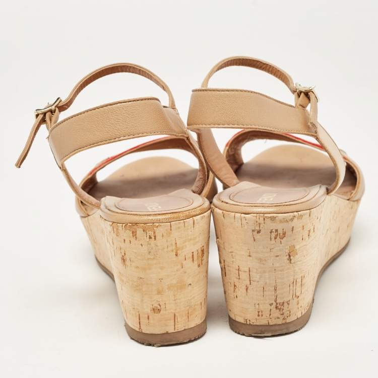 Pre Owned Fendi Tricolor Leather Cork Wedge Ankle Strap Sandals Size 39