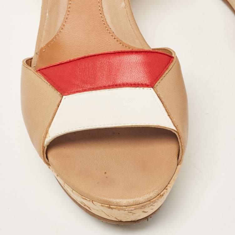 Pre Owned Fendi Tricolor Leather Cork Wedge Ankle Strap Sandals Size 39