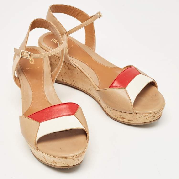 Pre Owned Fendi Tricolor Leather Cork Wedge Ankle Strap Sandals Size 39