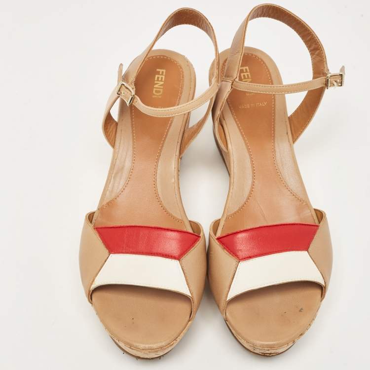 Pre Owned Fendi Tricolor Leather Cork Wedge Ankle Strap Sandals Size 39
